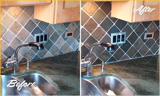 Before and After Picture of a McLendon Chisholm Backsplash Caulked to Fix and Prevent Water Leaks