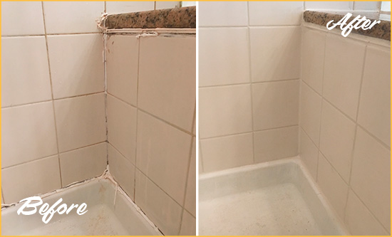 Before and After Picture of a Sunnyvale Shower Caulked to Repair Damaged Caulking