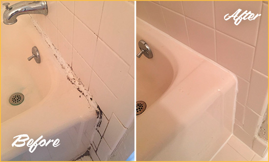 Before and After Picture of a BlueMound Bathroom Sink Caulked to Fix a DIY Proyect Gone Wrong