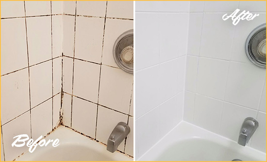 Before and After Picture of a White Settlement Tub Caulked to Remove and Avoid Mold