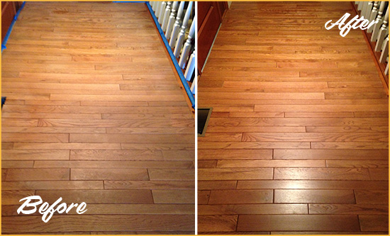 Before and After Picture of a Royse City Wood Sandless Refinishing Service on a Dull Hallway