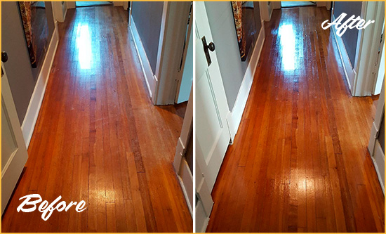 Before and After Picture of a Roanoke Wood Sandless Refinishing Service on a Floor to Eliminate Scratches
