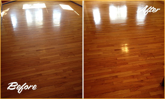 Before and After Picture of a Prosper Wood Sandless Refinishing Service on a Room Floor to Remove Scratches