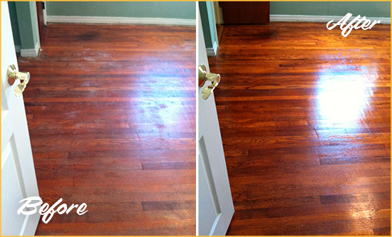Before and After Picture of a Mesquite Wood Sandless Refinishing Service on a Dull Floor to Remove Stains
