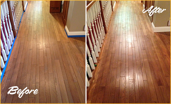 Before and After Picture of a Prosper Wood Sandless Refinishing Service on a Worn Out Floor