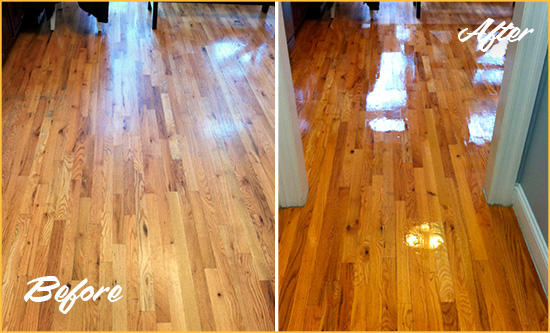 Before and After Picture of a Prosper Wood Sandless Refinishing Service on a Worn Out Hallway
