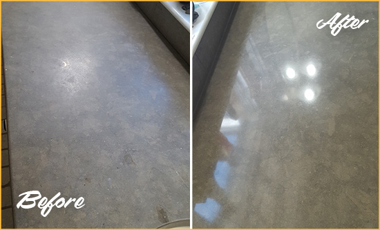 Before and After Picture of a Dull Mansfield Limestone Countertop Polished to Recover Its Color