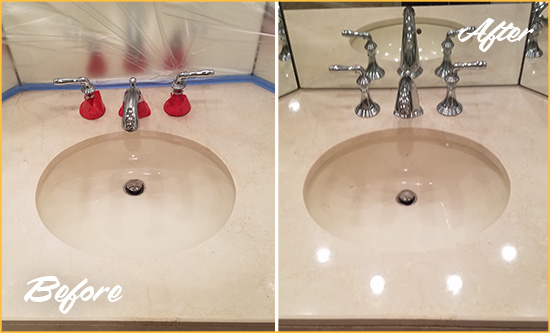 Before and After Picture of a Dull Haltom City Marble Stone Vanity Top Polished to Bring-Back Its Sheen