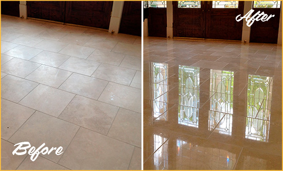 Before and After Picture of a Dull Trophy Club Travertine Stone Floor Polished to Recover Its Gloss