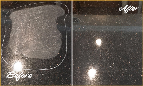 Before and After Picture of a Hutchins Granite Stone Countertop Polished to Remove Scratches