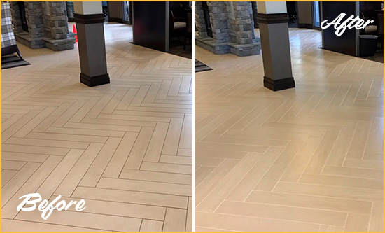 Before and After Picture of a Dirty Trophy Club Ceramic Office Lobby Sealed For Extra Protection Against Heavy Foot Traffic