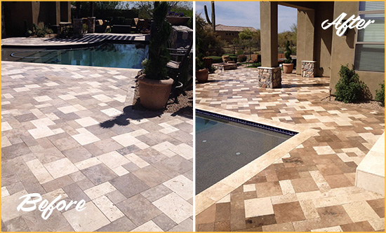 Before and After Picture of a Faded Trophy Club Travertine Pool Deck Sealed For Extra Protection