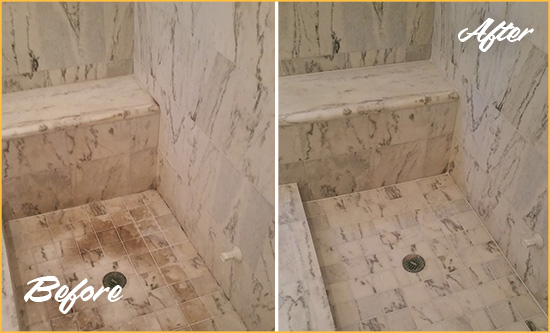 Before and After Picture of a Dirty Frisco Marble Shower Cleaned to Eliminate Dark Stains