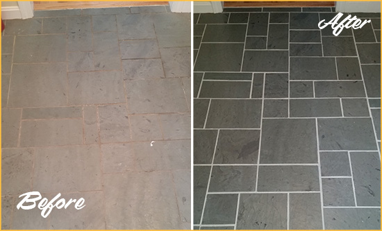 Before and After Picture of a Edgecliff Village Slate Floor Cleaned to Remove Deep-Seated Dirt