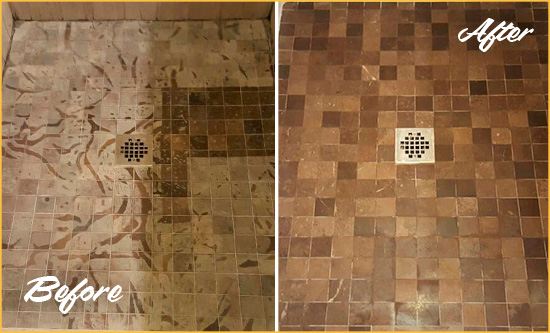Before and After Picture of a Stained Allen Marble Shower Floor Cleaned to Remove Etching