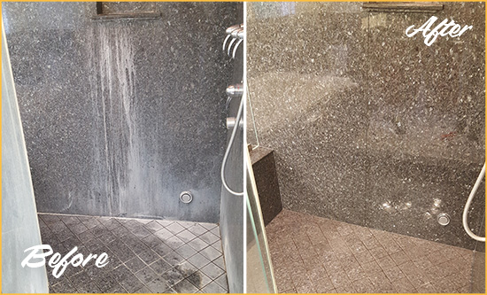 Before and After Picture of a Rowlett Granite Shower Cleaned to Remove Mineral Deposits