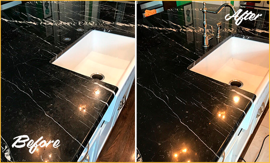 Before and After Picture of a Colleyville Marble Kitchen Countertop Stone Sealed to Avoid Water Damage