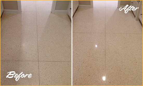 Before and After Picture of a Dull Lucas Granite Floor Honed to Recover Its Sheen