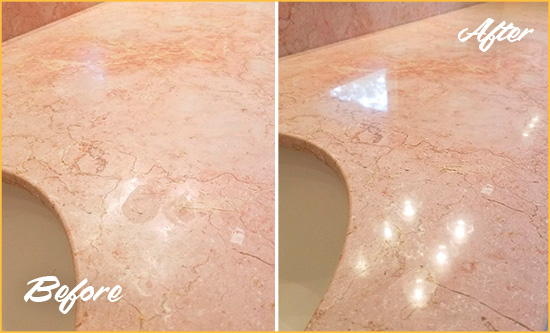 Before and After Picture of a Azle Marble Vanity Top Honed to Eliminate Water Spots