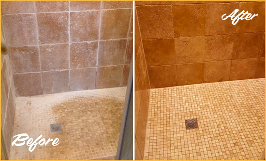Before and After Picture of a Haslet Travertine Shower Honed to Remove Mineral Deposits