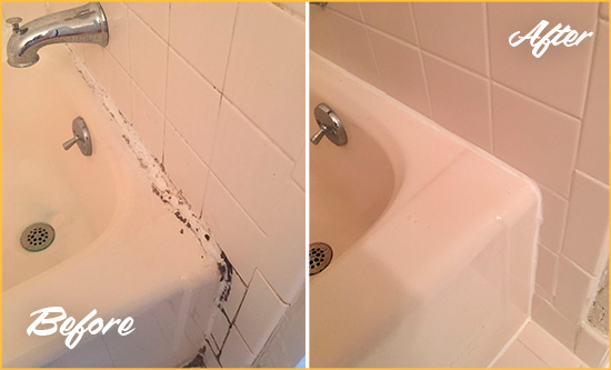 Before and After Picture of a Saginaw Hard Surface Restoration Service on a Tile Shower to Repair Damaged Caulking