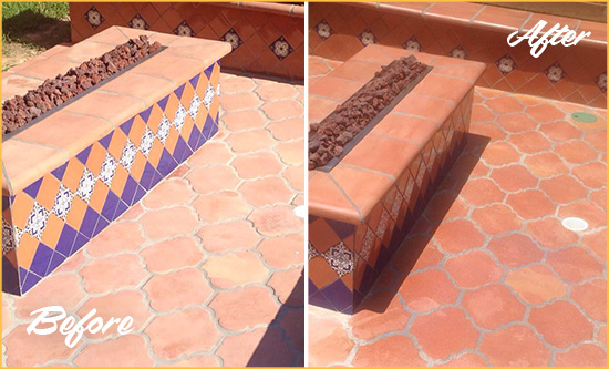 Before and After Picture of a Highland Park Hard Surface Restoration Service on a Dull Terracotta Patio Floor to Recover Its Color