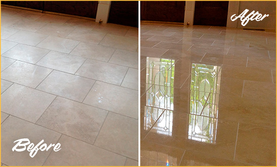 Before and After Picture of a Cockrell Hill Hard Surface Restoration Service on a Dull Travertine Floor Polished to Recover Its Splendor