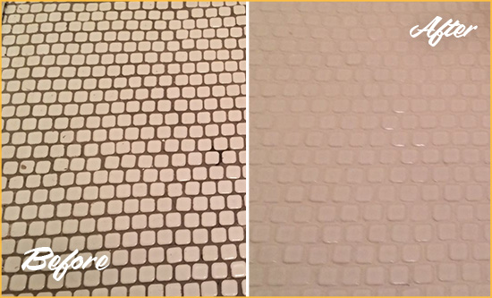Before and After Picture of a Seagoville Hard Surface Restoration Service on a Bathroom Tile Floor Recolored to Fix Grout Color