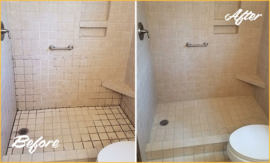 Before and After Picture of a Cedar Hill Shower Grout Cleaned to Remove Mold