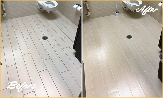 Before and After Picture of a DeSoto Office Restroom's Grout Cleaned to Remove Dirt