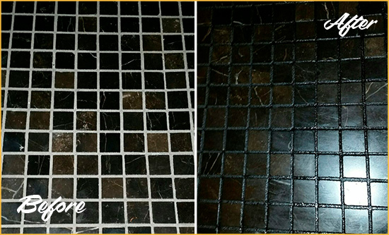 Before and After Picture of a Haslet Black Floor with Recolored Grout