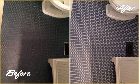 Before and After Picture of a Watauga Blue Tile Floor Recolored Grout