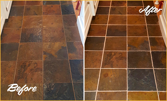 Before and After Picture of a Flower Mound Slate Floor Recolored Grout