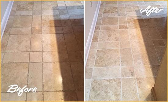Before and After Picture of a Crowley Travertine Kitchen Floor Recolored Grout