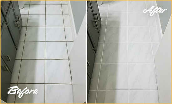 Before and After Picture of a Rowlett White Ceramic Tile with Recolored Grout