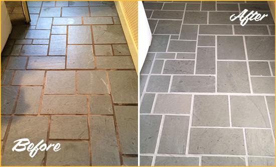 Before and After Picture of Damaged Rockwall Slate Floor with Sealed Grout