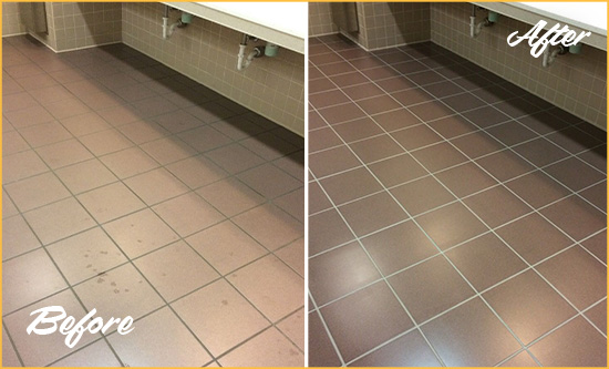 Before and After Picture of Dirty Ovilla Office Restroom with Sealed Grout