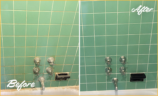 Before and After Picture of a Mansfield Bath Tub Grout Sealed to Avoid Water Damage