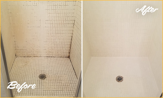 Before and After Picture of a Rhome Bathroom Grout Sealed to Remove Mold