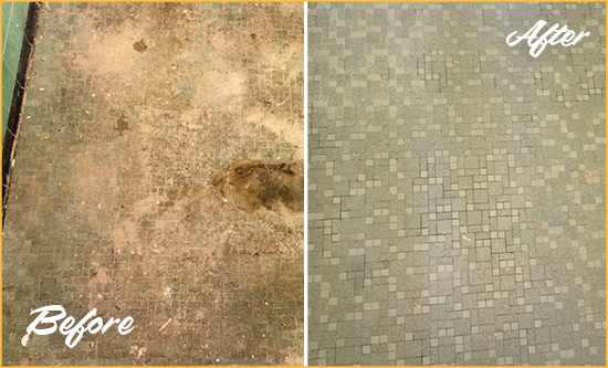 Before and After Picture of a BlueMound Mosaic Shower Cleaned to Eliminate Embedded Dirt