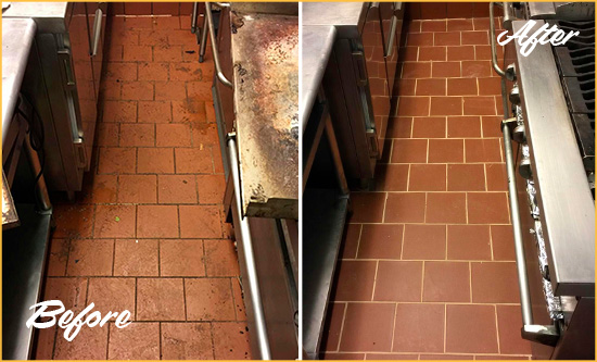 Before and After Picture of a Dull Lucas Restaurant Kitchen Floor Cleaned to Remove Grease Build-Up