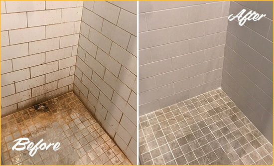 Before and After Picture of a Rockwall Ceramic Shower Cleaned to Eliminate Rust Stains