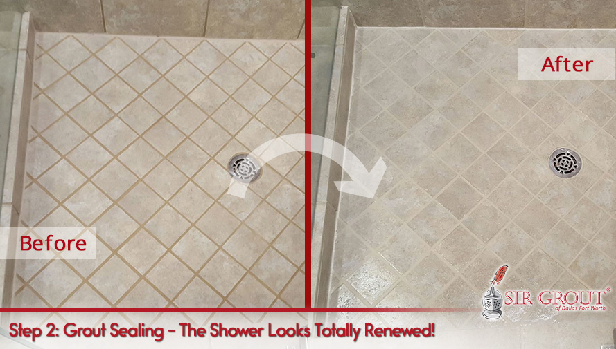 Before and After Picture of a Grout Cleaning and Sealing in Dallas, TX
