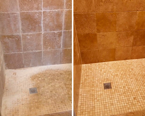 Before and After Picture of a Tile Cleaning Job in Dallas