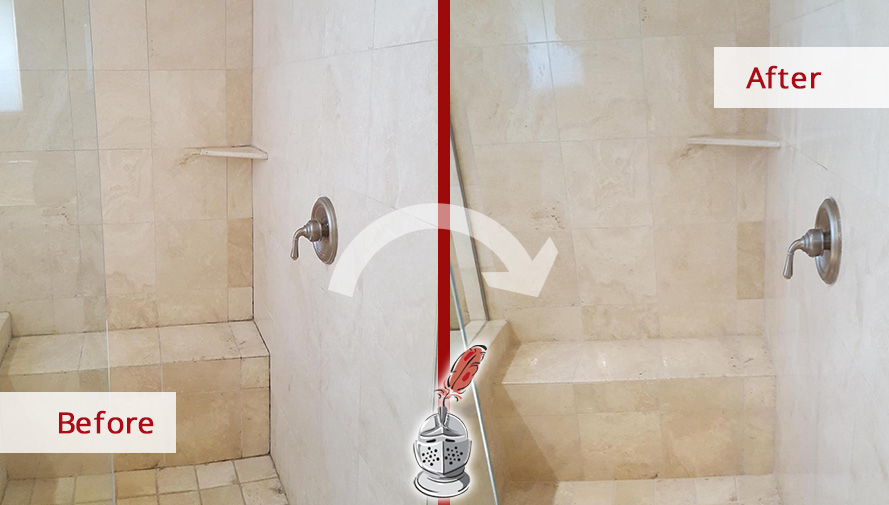 Before and After Picture of a Shower Grout Cleaning in Dallas, TX
