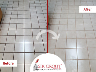 Before and After Picture of a Grout Cleaning Ceramic Floor in Dallas, Texas