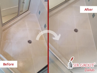 Before and after Picture of This Shower Now Stain Free after a Tile Cleaning Job in Dallas