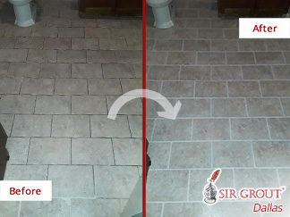 Before and After Picture of a Bathroom Floor Grout Cleaning Service in Dallas, Texas