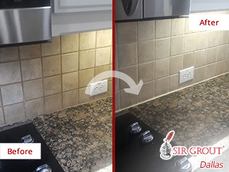 Before and After Image of a Kitchen Wall After a Grout Cleaning in Dallas, TX