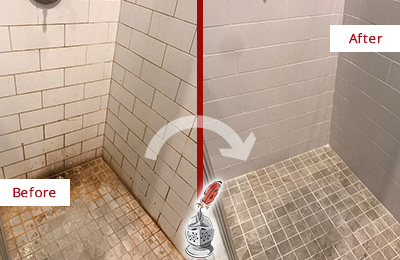 Sir Grout Removes Mold From This Tile Shower Walls and Floor Before and After Picture of Moldy Shower